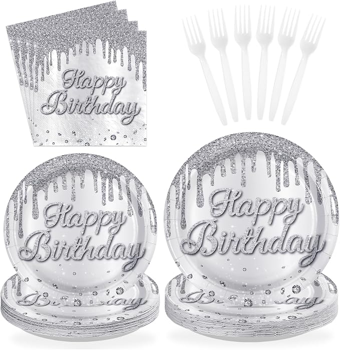 96Pcs Silver Glitter Diamonds Birthday Party Decoration, Serve 24 | Silver by Greencian