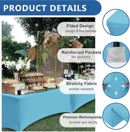 Stretch Table Cover for 6 Foot Tables-8 Pack Light Blue Spandex Fitted Tablecloth-Elastic 6ft Folding Tablecloths for Party, Vendor Booth Display, Banquet Buffet Event, Craft Trade Show