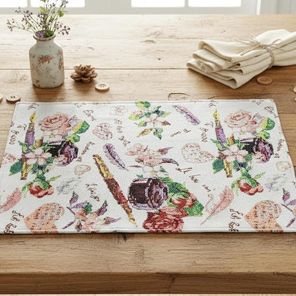 DaDalogy Set of 4-Pieces Authentic Tapestry Placemats - Spring Floral Vintage Looking Love Notes Quil Romantic British Roses - Heart Decorative Woven Dining Under Plate Table Mats - 13” x 19”