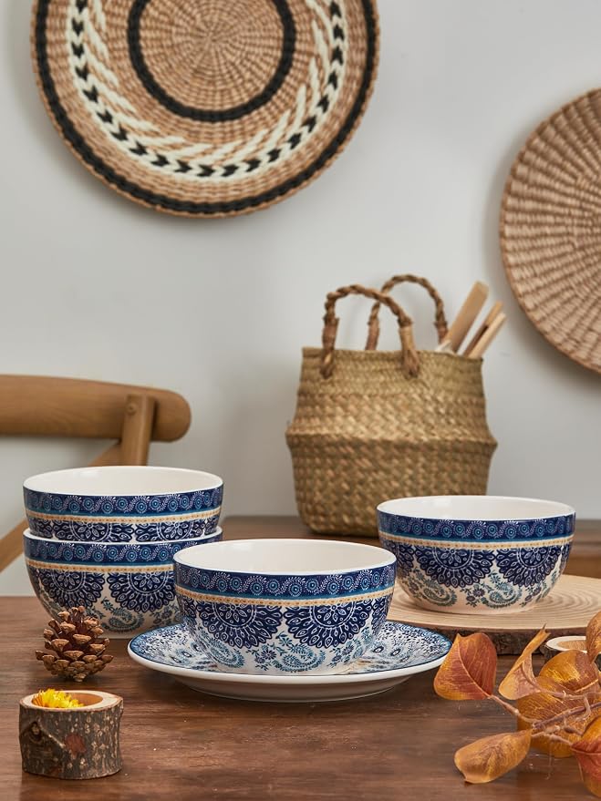 Bico Blue Talavera Cereal Bowls Set of 4, 26 oz Deep Ceramic Soup Bowls - Image 5