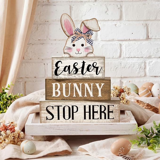 Moucuny 4 Pcs Easter Bunny Table Decoration Stacked Wooden Bunny Block Decor - Image 3