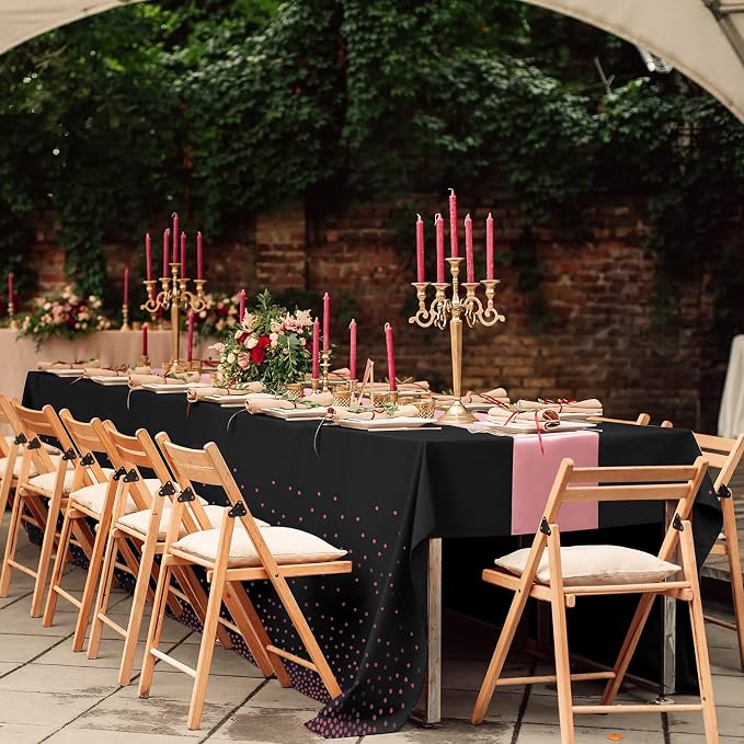 24Pack Disposable Plastic Tablecloth and Satin Table Runner Black and Rose Gold - Image 7