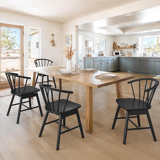 LUE BONA Black Dining Chairs Set of 4, Swivel Windsor Wood Dining Chairs with Semicircular Backrest, Spindle Dining Chair for Kitchen and Dining Room, 18 Inch
