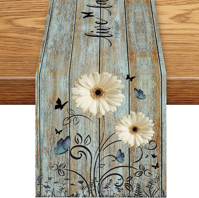 Daisy Table Runner, Rustic Sunflowers White Floral Wooden Boho Butterfly Spring by Unknown