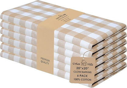 Urban Villa Cotton Dinner Napkins Set of 6, Highly Absorbent 20x20 Inches Premium Cloth Napkins Hotel Quality Reusable & Washable Table Dinner Napkins for Home & Weddings - Taupe/White, Checks