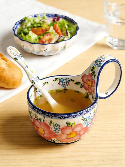 silesia Handmade Loop Handle Soup Bowl, Plate and Spoon Set Ceramic Hand - Image 7