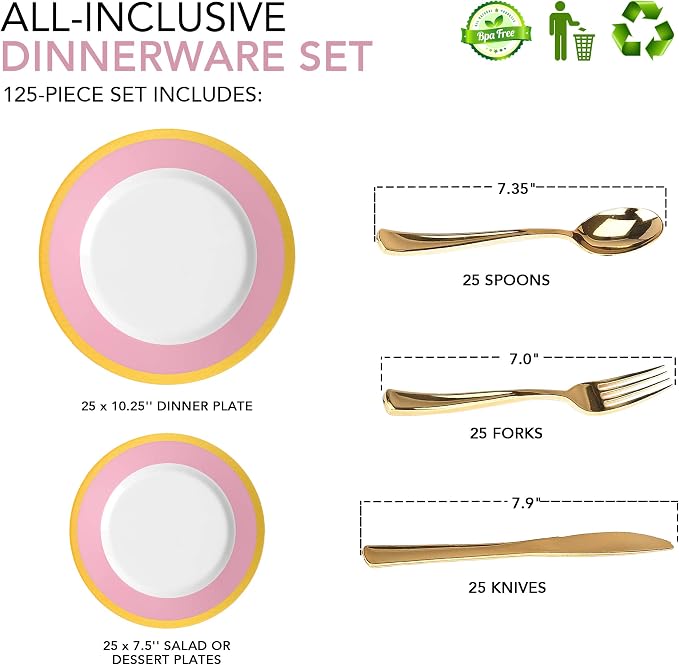125-Piece White, and Gold Fancy Plastic Plates Disposable - Image 2