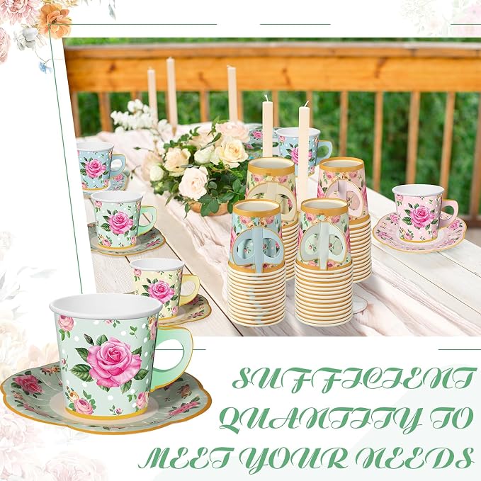 Umigy 60 Sets Floral Tea Party Decorations 6.5 oz Floral Paper Teacups & Saucer - Image 5
