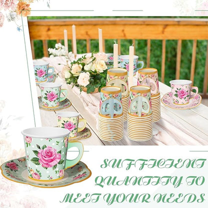 Umigy 60 Sets Floral Tea Party Decorations 6.5 oz Floral Paper Teacups & Saucer - Image 5