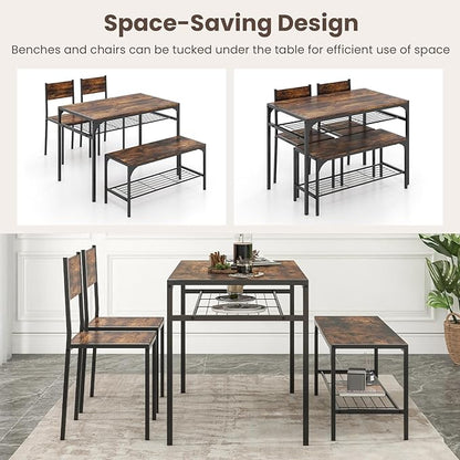 Giantex Dining Table Set for 4, Kitchen Table with Chairs & Bench, Storage Racks, Metal Frame, 4-Piece Space-Saving Dinette Set for Dining Room, Breakfast Nook, Small Space, Apartment,Rustic Brown