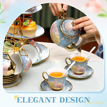 21 Pcs Ceramic Teapot Set Vintage Porcelain Tea Cups - Image 6