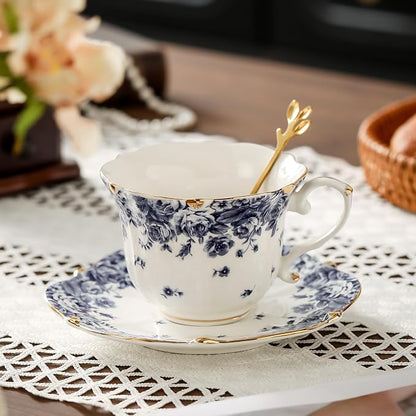 TATSUMI Country Roses Bone China Tea Cup and Saucer Set, 3 Pieces, Vintage Style - Image 4
