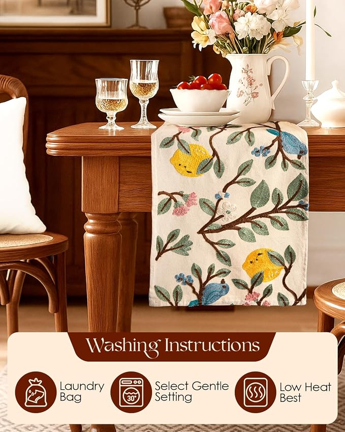 Canvas Embroidered Narrow 13"x 108" Table Runner, Lemon Bird | Exquisite - Image 4