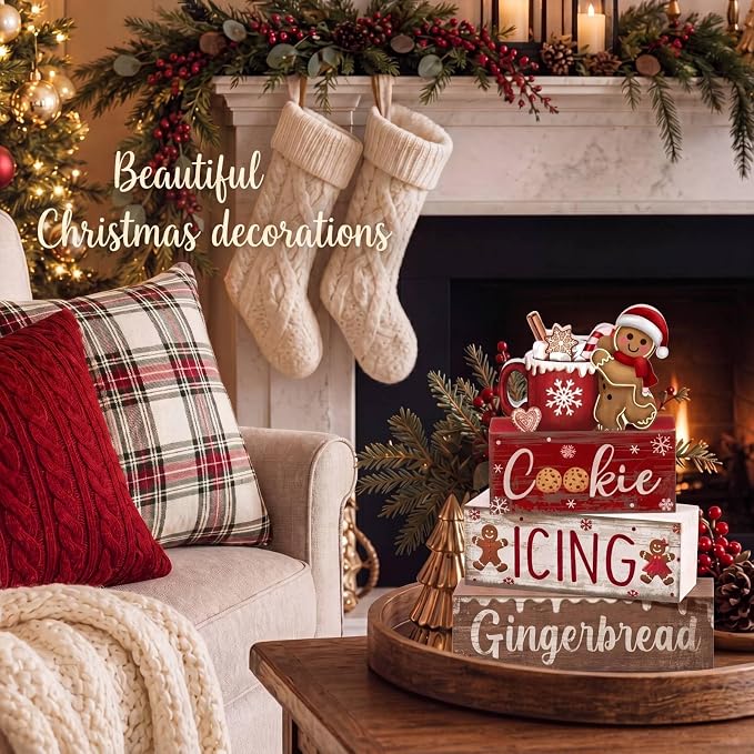 Moucuny 4 Pcs Christmas Table Decor Wooden Gingerbread Cocoa Decoration - Image 3