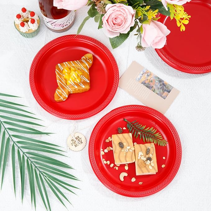 WELLIFE Red Party Plates 9 Inch -150 Count, Plastic Disposable Plates for Dinner Party Easter Mother's Day