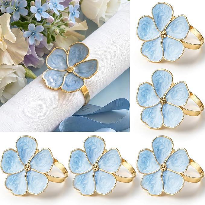 Patelai Set of 12 Blue Flower Napkin Rings Bulk Gold Napkin Ring Holders | by Patelai