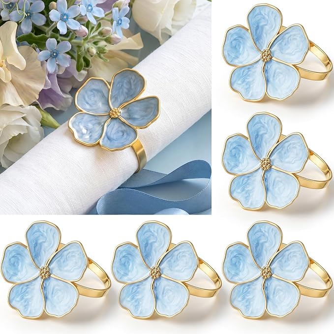 Patelai Set of 6 Blue Flower Napkin Rings Bulk Gold Napkin Ring Holders | by Patelai