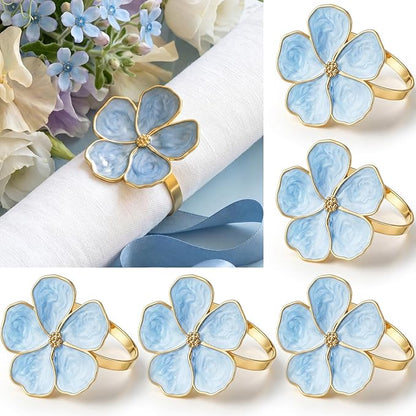 Patelai Set of 6 Blue Flower Napkin Rings Bulk Gold Napkin Ring Holders | by Patelai