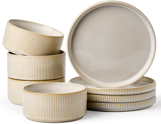 Ceramic Dinnerware Set for 4, 8-Piece Deep Salad Plates and Cereal Bowls | by FamiwarePremium