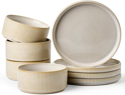 Ceramic Dinnerware Set for 4, 8-Piece Deep Salad Plates and Cereal Bowls | by FamiwarePremium