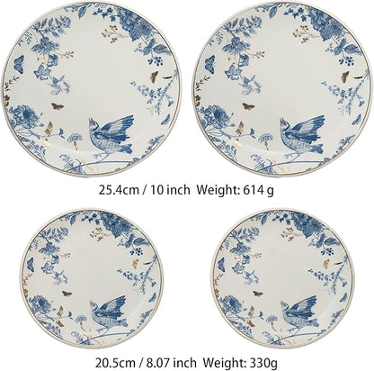 Porcelain Floral Plates Ceramic 8 Inch & 10 Inch Ceramic Plates 4 Pieces, Dessert Plate Blue and White, Salad Plate Set, Floral Dinnerware Set for Kitchen, Dinner Plate for Cake Snacks Side Dish