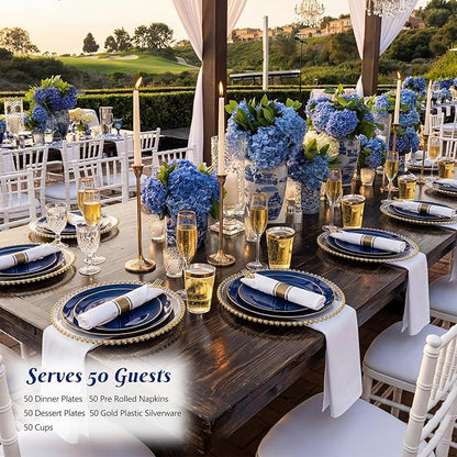 KIRE 350Pcs Blue and Gold Plates -Heavy Duty Navy Blue Dinnerware Set - Image 2