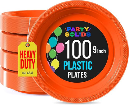 Orange Plastic Plates For Party 9" Orange Disposable Plates Heavy Duty 100 Pcs Plastic Dinnerware Sets Heavy Duty 350 GSM Disposable Dinnerware Set