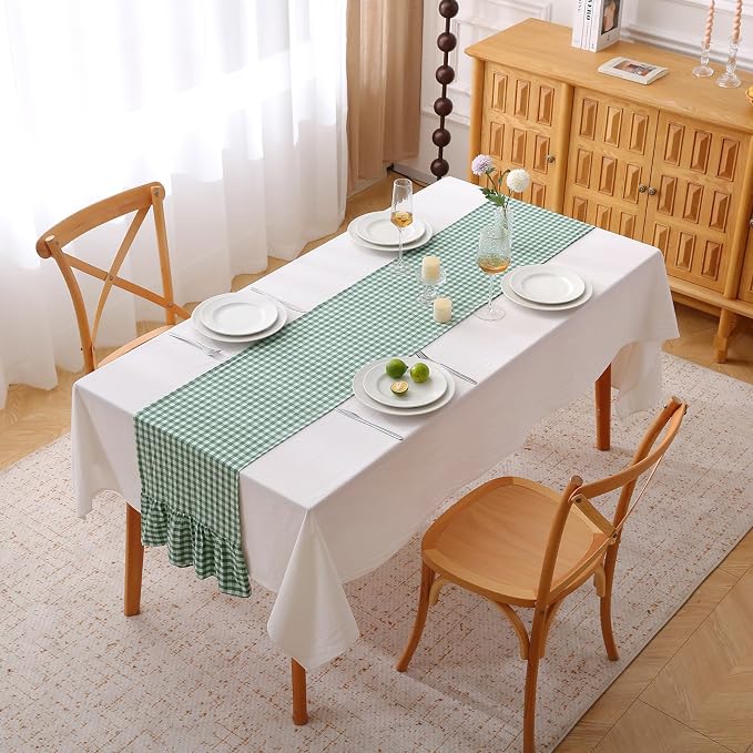 Green White Plaid Gingham Ruffle Table Runner 72 inches Long 100% Washed Cotton - Image 2
