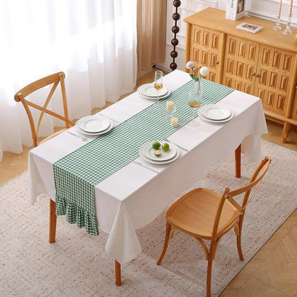 Green White Plaid Gingham Ruffle Table Runner 72 inches Long 100% Washed Cotton - Image 2