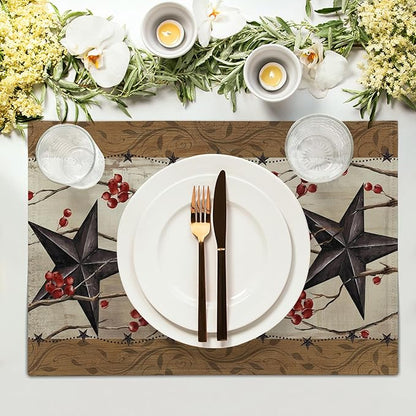 Western Placemats Set of 4 - Rustic Star Tablemats 12x18 Vintage Southwest Place Mats Set for Kitchen Dining Table
