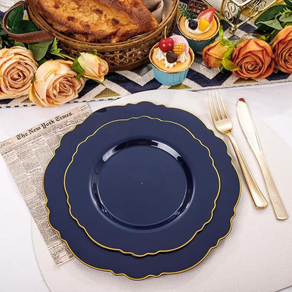WDF 100pcs Blue Plastic Plates - Baroque Blue&Gold Disposable Plates for Parties/Wedding-50Plastic Dinner Plates 10.25in, 50Salad Plates 7.5in for Party/Birthday/Wedding