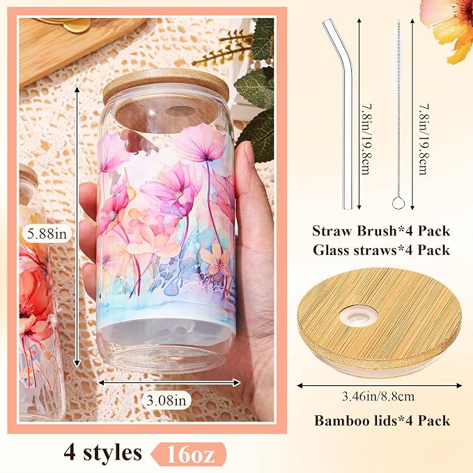 Mumufy 4 Pack Wildflower Glass Cups Gift Aesthetic Cute Glass Cup Tumbler - Image 2