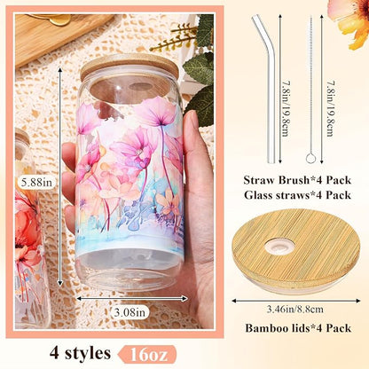 Mumufy 4 Pack Wildflower Glass Cups Gift Aesthetic Cute Glass Cup Tumbler - Image 2