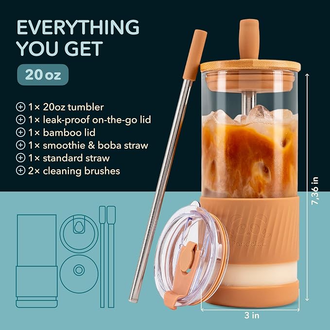 Pandaloo® Glass Cups With Lids and Straws -20 Fl Oz- Perfect Size Iced Coffee - Image 2