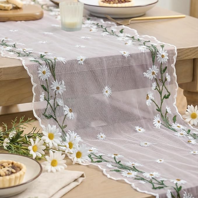 Artoid Mode Daisy Floral Light Pink Shaped Gauze Embroidery Table Runner 120 - Image 7