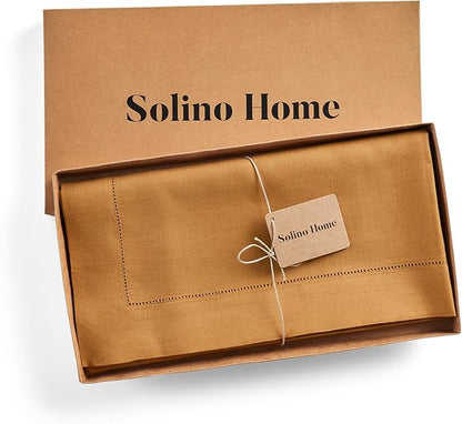 Solino Home Square Linen Tablecloth 52 x 52 Inch - 100% Pure Linen Brown Sugar Table Throw - Classic Hemstitch, Machine Washable Table Cloth