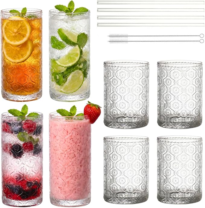 Clear Drinking Glasses Set of 8, 12 Oz Highball & 10 Oz Cocktail Glasses by FERAHI