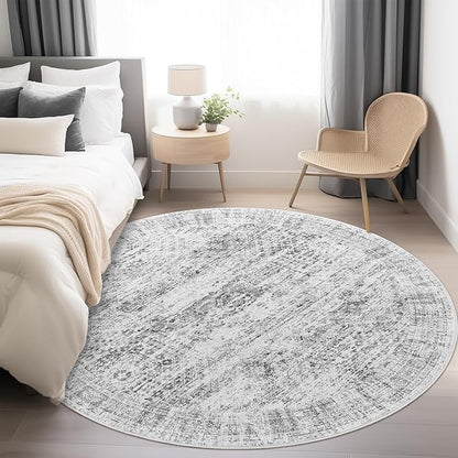9x9 Grey Round Rug 9ft Living Room Circle Rug Vintage Round Area Rug Non Slip Indoor Carpet for Apartment