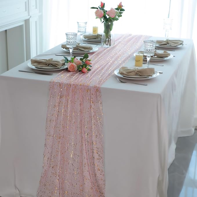 Snowkingdom Blush Gold Table Runner Gauze Sheer Tulle 10FT 120 Inch - Image 5