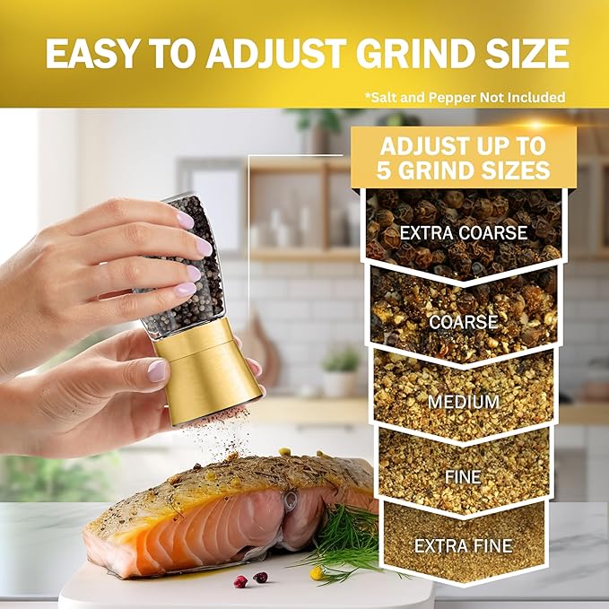 Home EC Original Gold Salt and Pepper Grinder Set of 2 - Adjustable Ceramic Grinder - Glass Salt and Pepper Shakers With Funnel and Ebook - Kitchen Spice Mill - Gold Kitchen Accessories