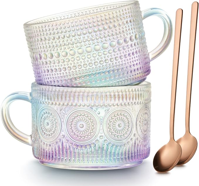 MFACOY Vintage Coffee Mugs Set of 2, 14 oz Iridescent Embossed Glass Tea Cups by Mfacoyisalifestylebrand