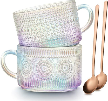 MFACOY Vintage Coffee Mugs Set of 2, 14 oz Iridescent Embossed Glass Tea Cups by Mfacoyisalifestylebrand