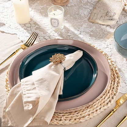 AmorArc Ceramic Dinnerware Sets for 4, 12 Pieces Handpainted Plates and Bowls Set with Rustic Terracotta Underside, Scratch Resistant Stoneware Dishes Set, Dishwasher & Microwave Safe, Multi-Color