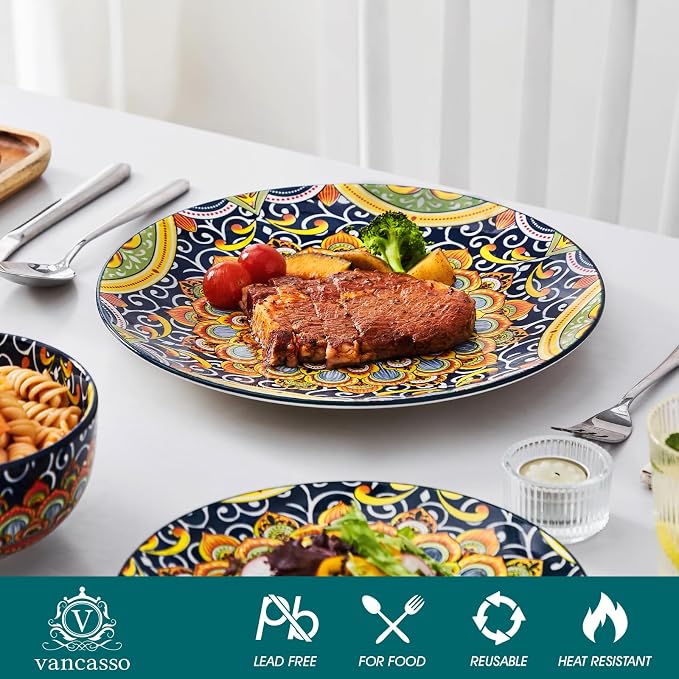 vancasso 12 Pieces Dinnerware Sets, Dark Green Plates and Bowls Set, Porcelain - Image 3
