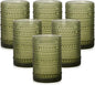 Vintage Glassware Drinking Glasses Set of 6,15 oz Hobnail Glass Cups,Embossed Green Water Tumbler,for Beer,Cocktail,Whiskey,Juice and Various Mixed Drinks- 1 Cleaning Brush