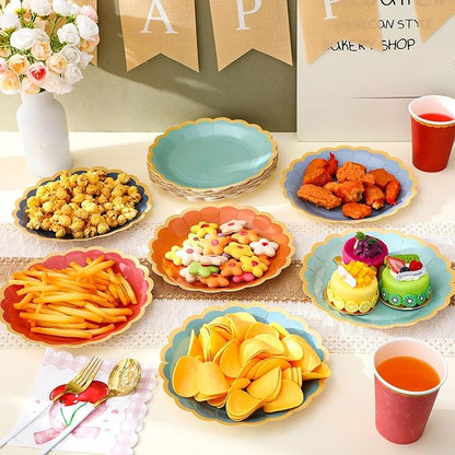 48 Pcs Boho Colorful Paper Plates 9 Inch Gradient Scalloped Paper Plates Disposable Dinner Dessert for Birthday Wedding Bridal Party Supplies, 6 Colors