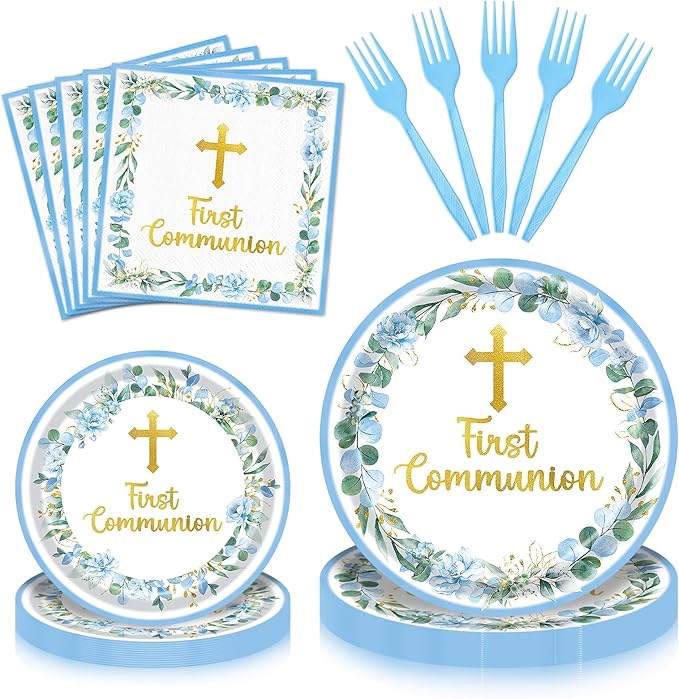 96 Pieces First Communion Floral Tableware Set – Blue Floral Cross Disposable by GistomeHome
