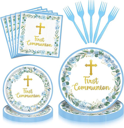 96 Pieces First Communion Floral Tableware Set – Blue Floral Cross Disposable by GistomeHome