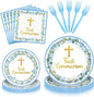 96 Pieces First Communion Floral Tableware Set – Blue Floral Cross Disposable by GistomeHome