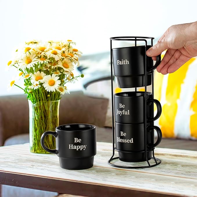 Signature Housewares Be Happy Stackable Stoneware Coffee Mug Set - Image 4